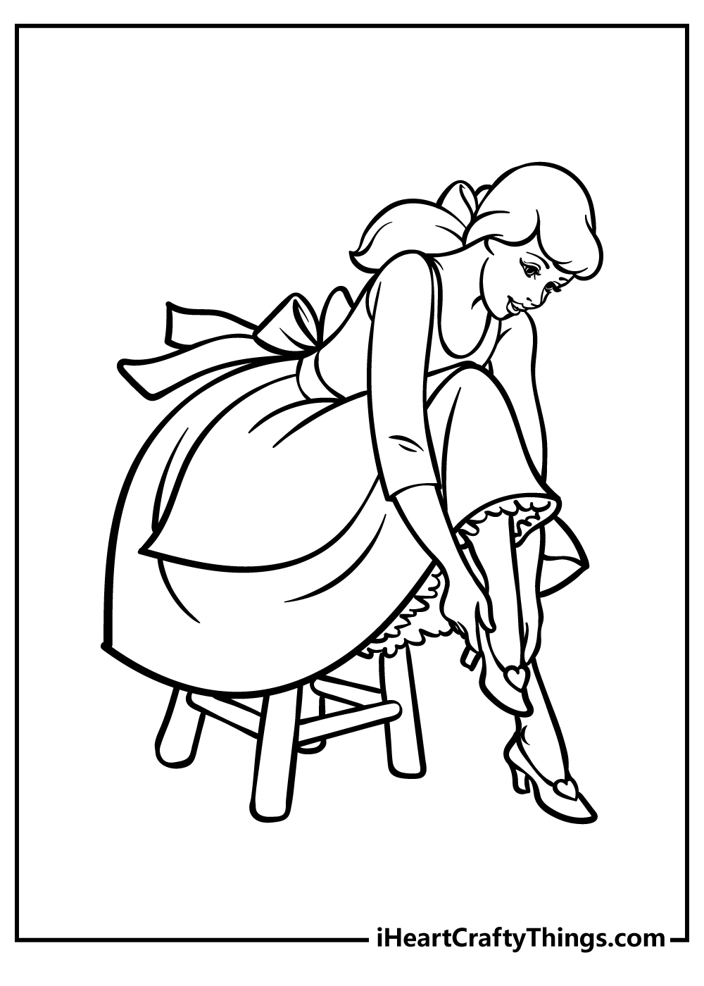 Detailed image of a Cinderella sitting on a chair in casual outfit and putting on her glass slipper