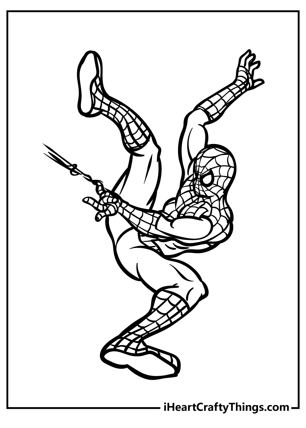 Spider-Man performing an acrobatic swing coloring page