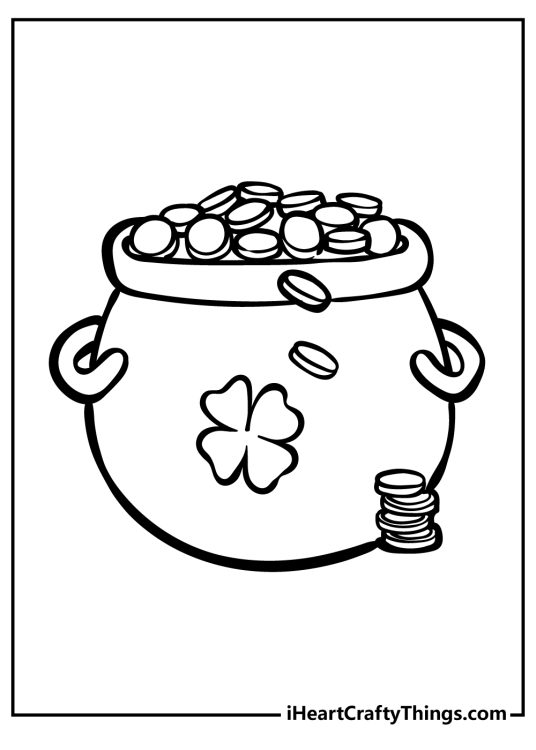 St Patricks Day-themed picture to print and color featuring pot of gold full of coins