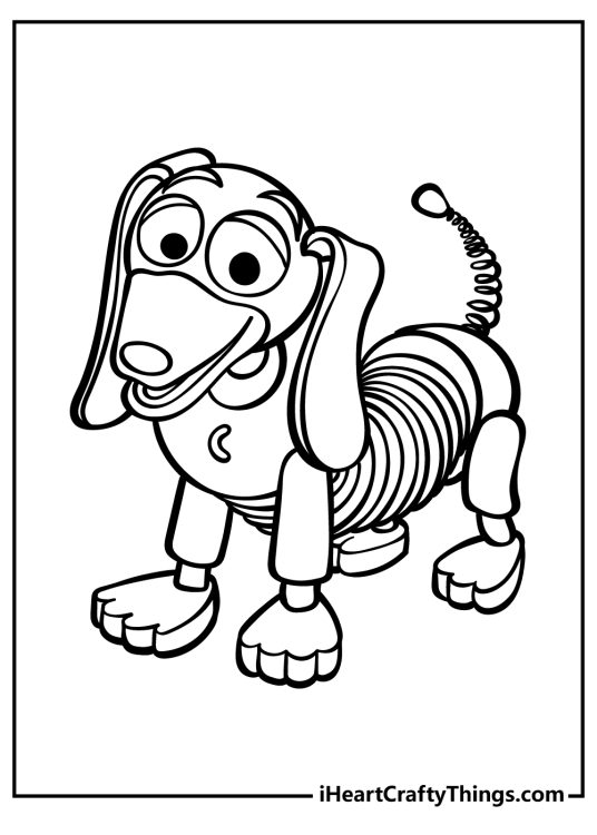 Detailed coloring drawing for children featuring Toy Story character Slinky Dog with his signature spring body