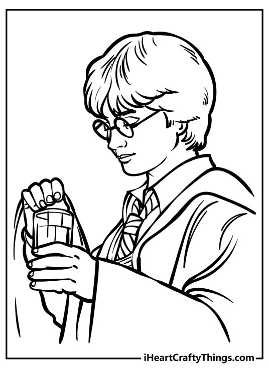 Detailed coloring image featuring side view of a realistic Harry Potter holding a bottle and preparing potions