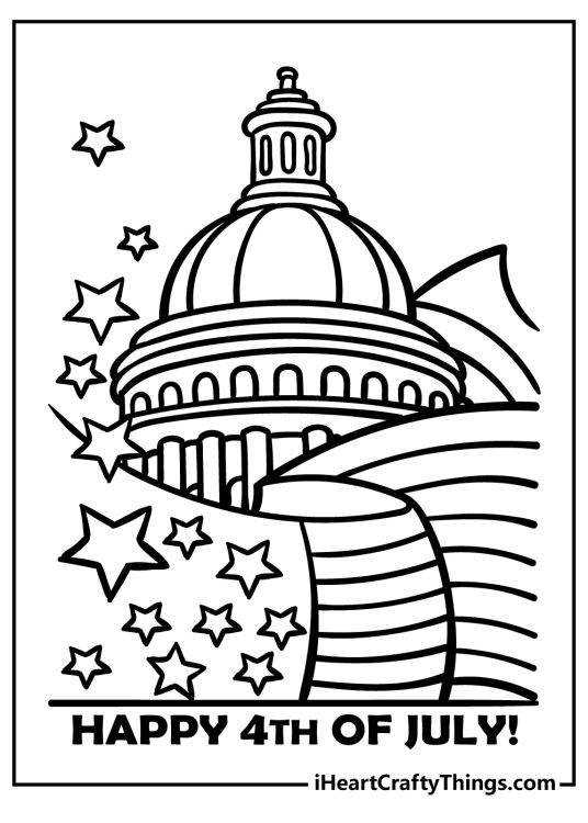 Coloring page of a Capitol Building surrounded by a flowing flag and stars with
