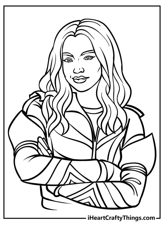 Descendants-themed printable pdf featuring detailed portrayal of Evie posing with crossed hands