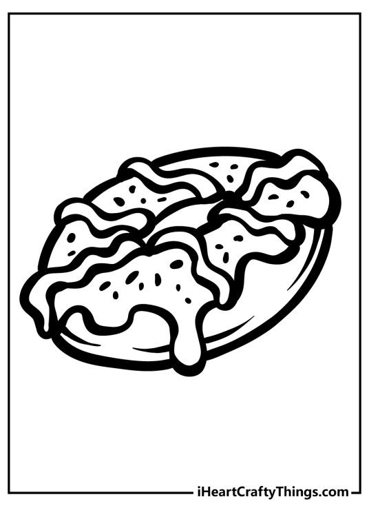 Coloring page for children presenting a unique donut covered in a few different types of icing