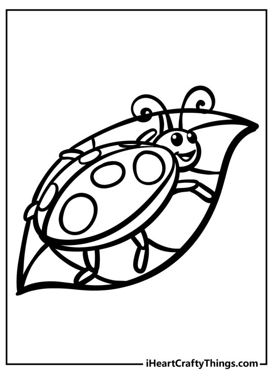 Printable coloring picture for children presenting small happy ladybug on a big leaf