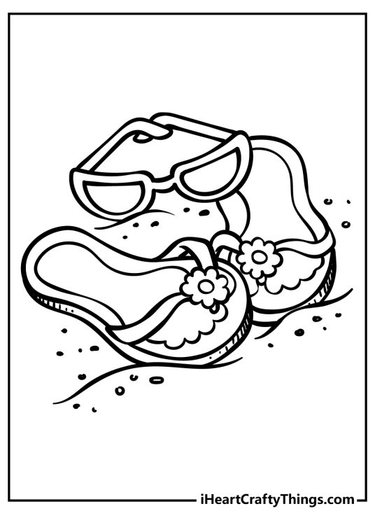 Summer-themed coloring page depicting summer sandals along with some sunglasses left on the sand