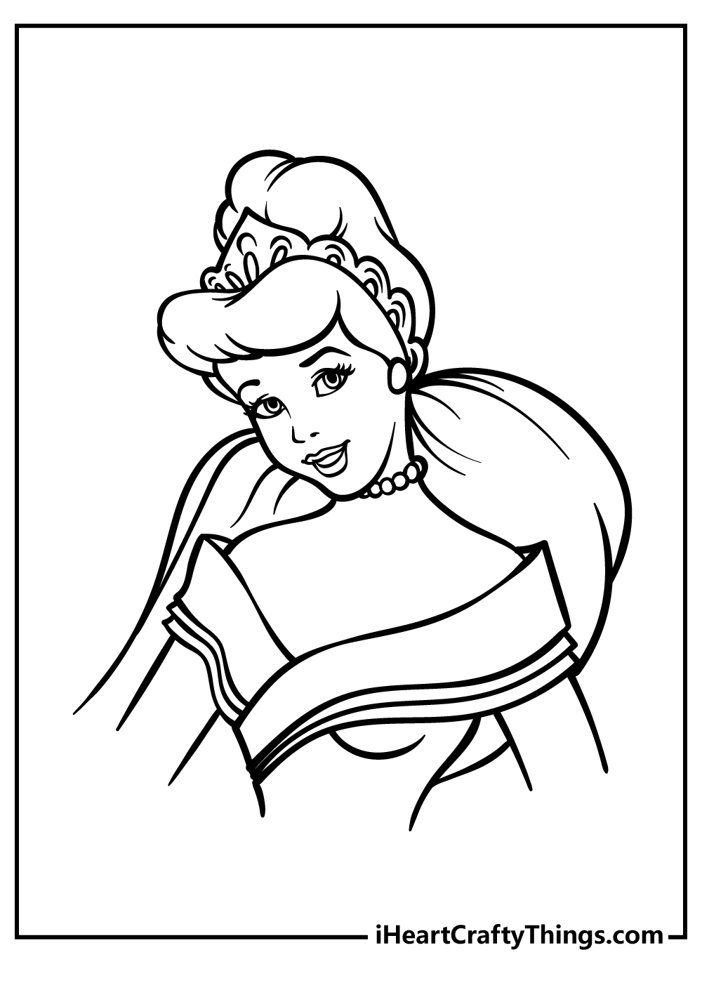 Coloring picture featuring portrayal of Cinderella with the tiara, necklace and gown