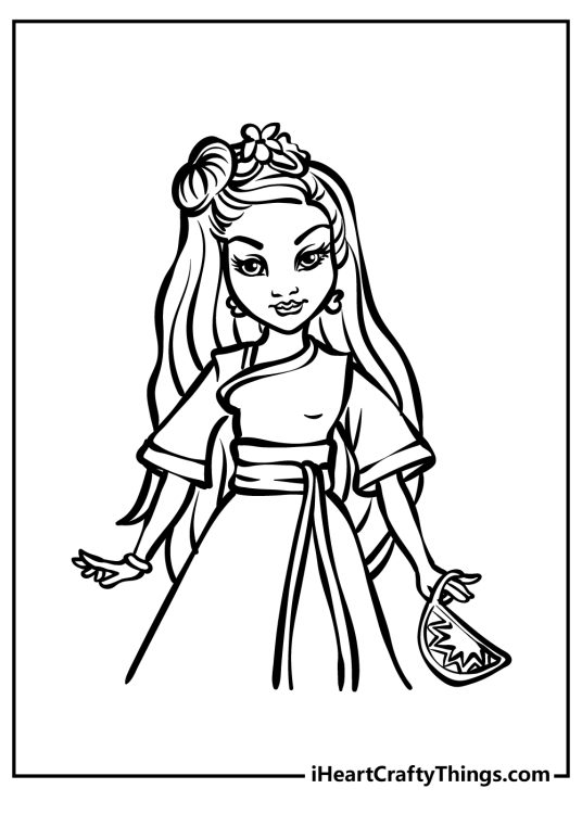Image of a stylish and elegant Descendants character with flowers in her hair and small purse in the hand