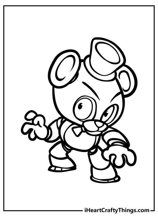 Five Nights At Freddy’s-themed coloring page featuring a teddy bear with a mischievous look in its eyes