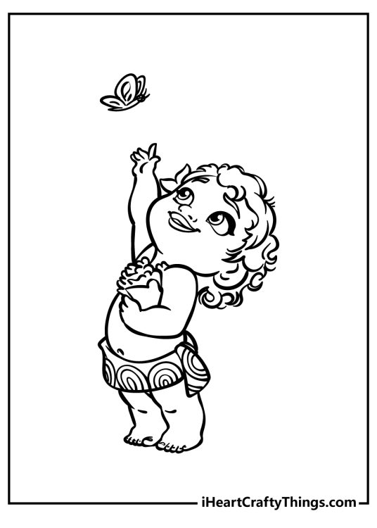 Detailed drawing for kids of a young Moana reaching up towards a pretty butterfly