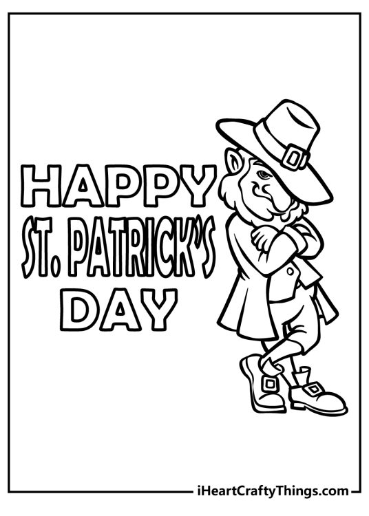 Coloring picture of a leprechaun striking a cool pose next to Happy St Patricks Day phrase
