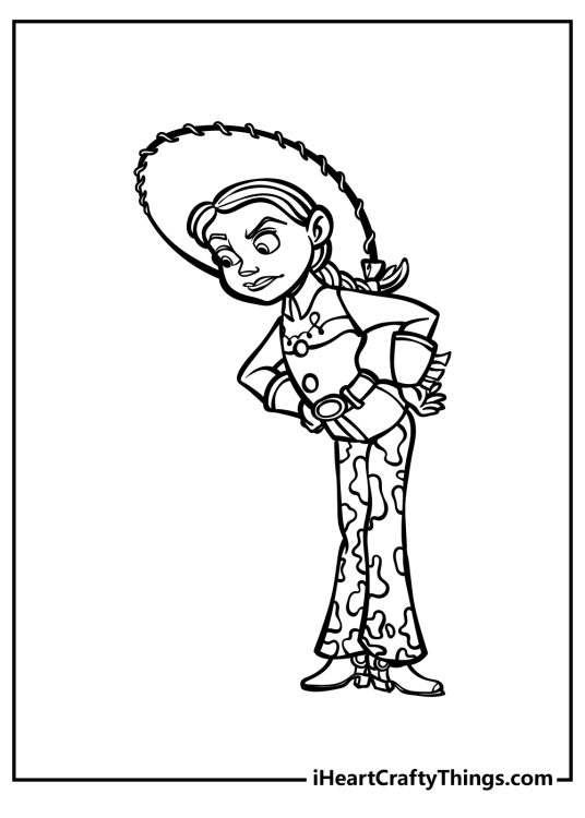 Coloring page for children presenting cowgirl Jessie from the Toy Story looking a bit unhappy