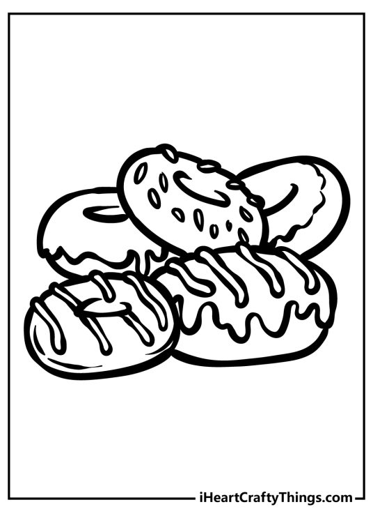 Printable picture to color presenting five donuts with various icing details on each one