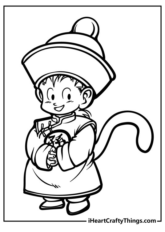 Dragon Ball Z-themed drawing for kids of a Kid Gohan posing calmly in his unique outfit with big hat