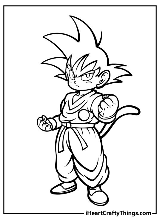 Detailed printable drawing for children presenting Goku as a kid with a Saiyan tail