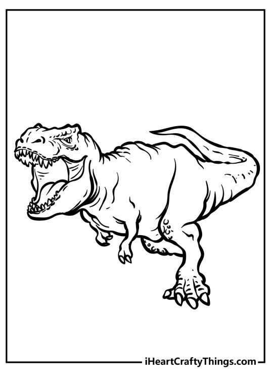 Black-and-white Jurassic World printable presenting mighty tyrannosaurus rex showing off his sharp teeth
