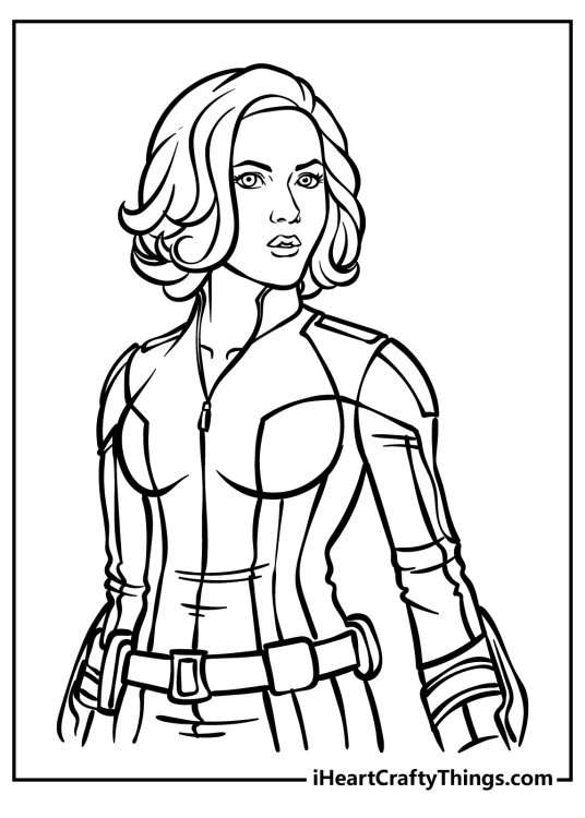 Detailed Avengers-themed coloring portrayal of a Black Widow with great attention to her outfit