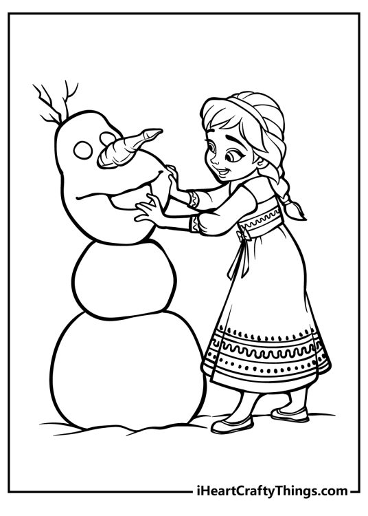 Little Anna building snowman Olaf Frozen-themed coloring page for kids