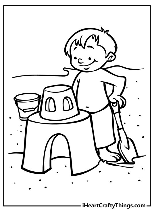 Summer-themed picture for kids showing a young boy having a fun time building a sandcastle