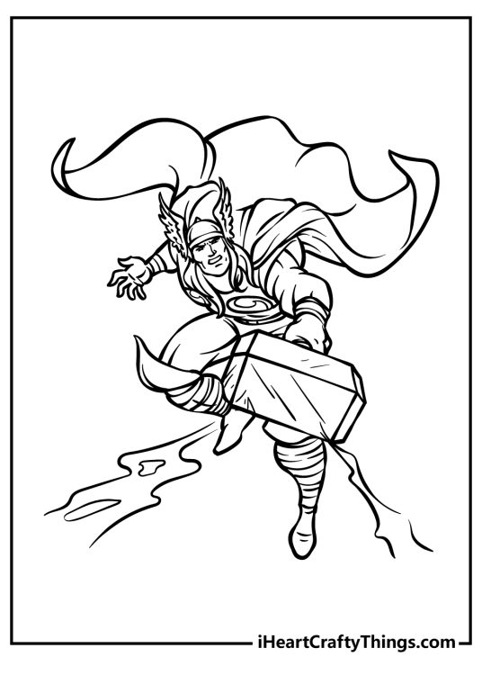 Superhero coloring printable featuring powerful and mighty god of thunder Thor in action
