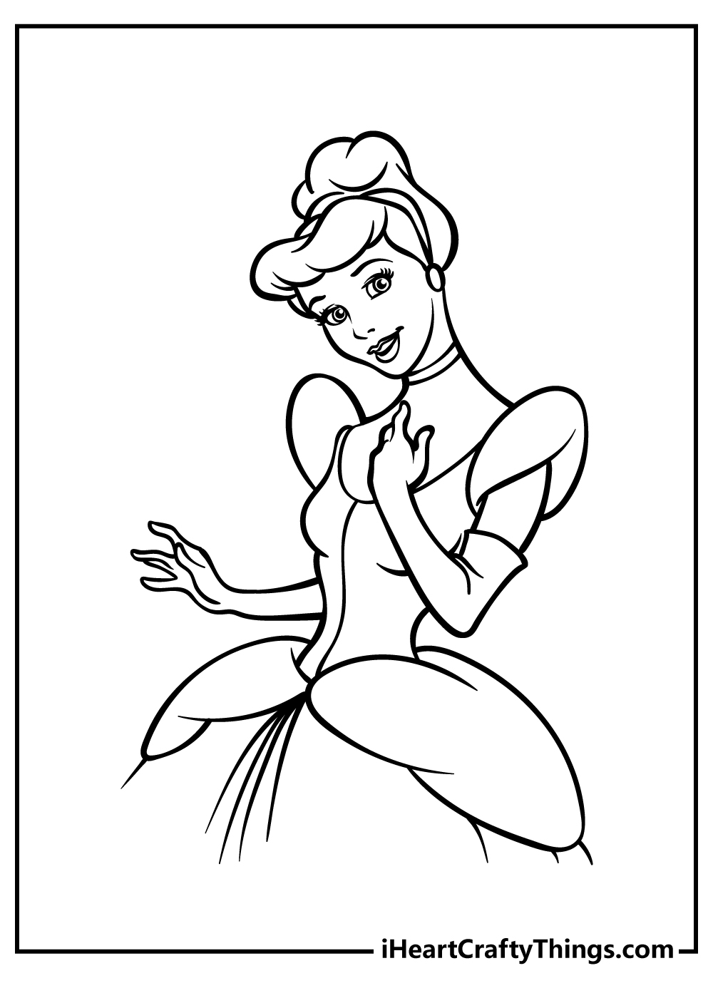 Black-and-white picture for kids featuring happy looking Cinderella wearing ball gown and long gloves