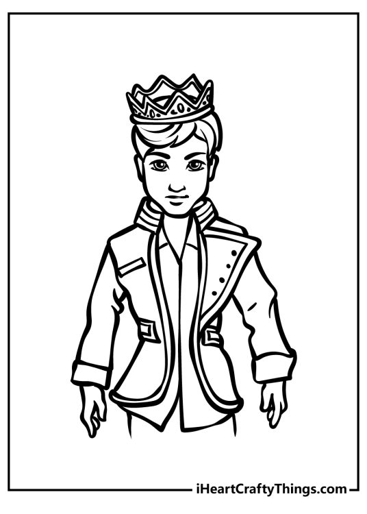 Page to color depicting Descendants character Prince Ben looking very regal in his outfit and crown
