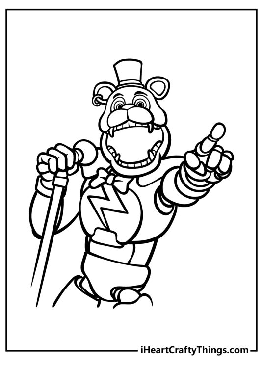Five Nights At Freddy’s printable showing Freddy Fazbear at the mic with his mouth open wide
