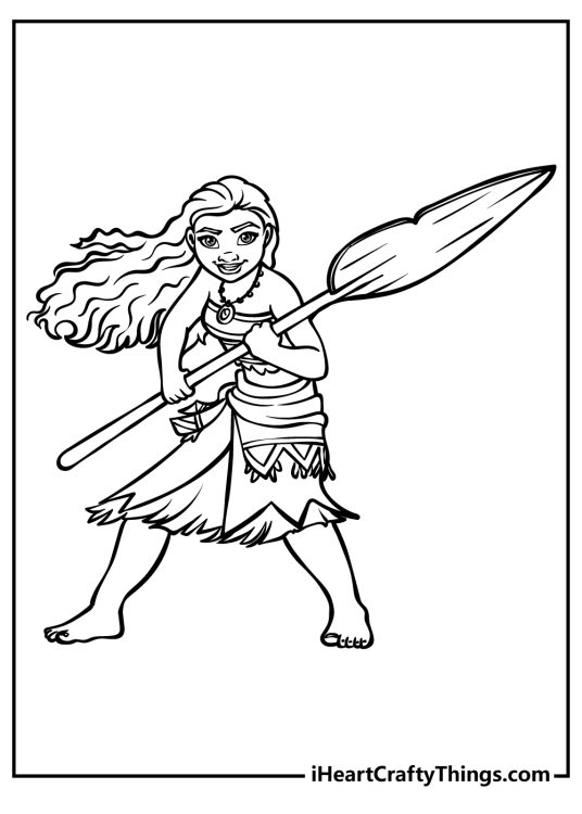 Moana-themed coloring printable featuring energetic Moana brandishing her oar as a weapon