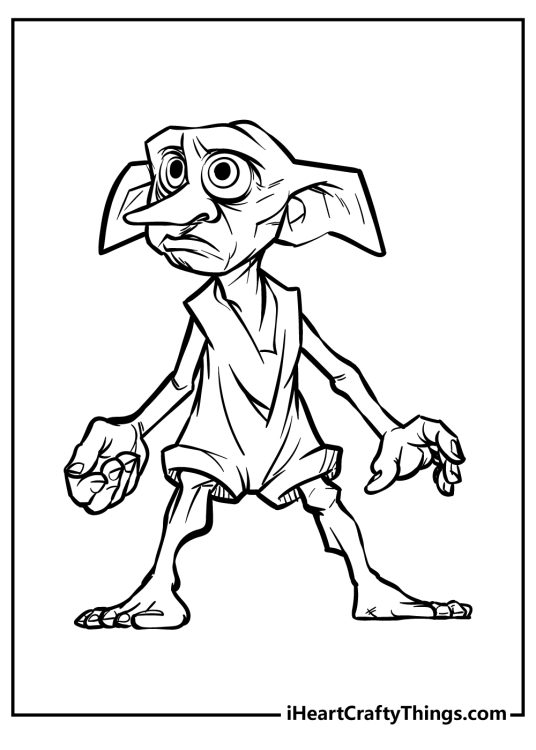 Black-and-white printable drawing for kids featuring Harry Potter character elf Dobby