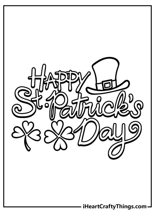 Poster with a Happy St Patricks Day phrase written in a fancy style surrounded by clovers and leprechauns hat