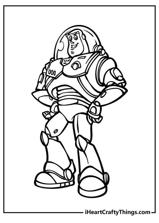 Toy Story coloring printable featuring character Buzz Lightyear posing proudly with arms on his hips