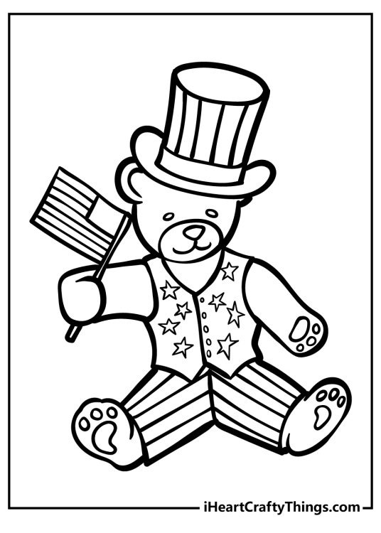 4th of July-themed coloring page for kids featuring cute patriotic teddy bear holding USA flag