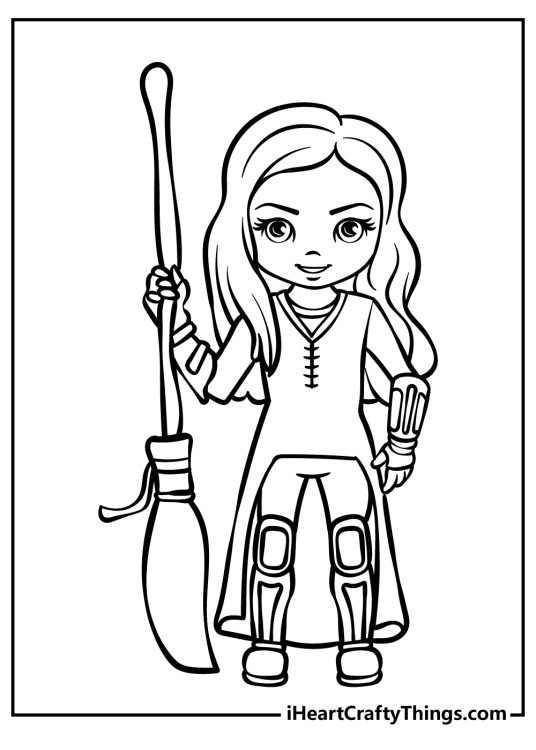 Printable pdf featuring Harry Potter character Ginny Weasley dressed in full gear while holding her broomstick