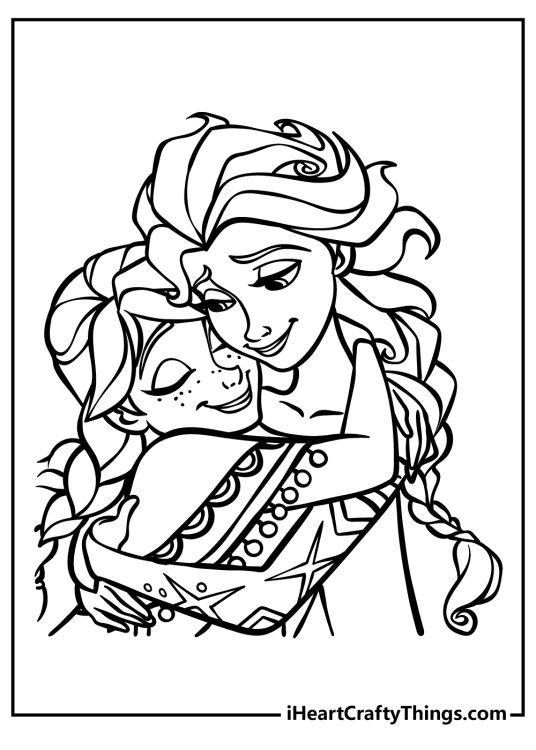 Portraif of beautiful Frozen princesses Elsa and Anna hugging each other to print