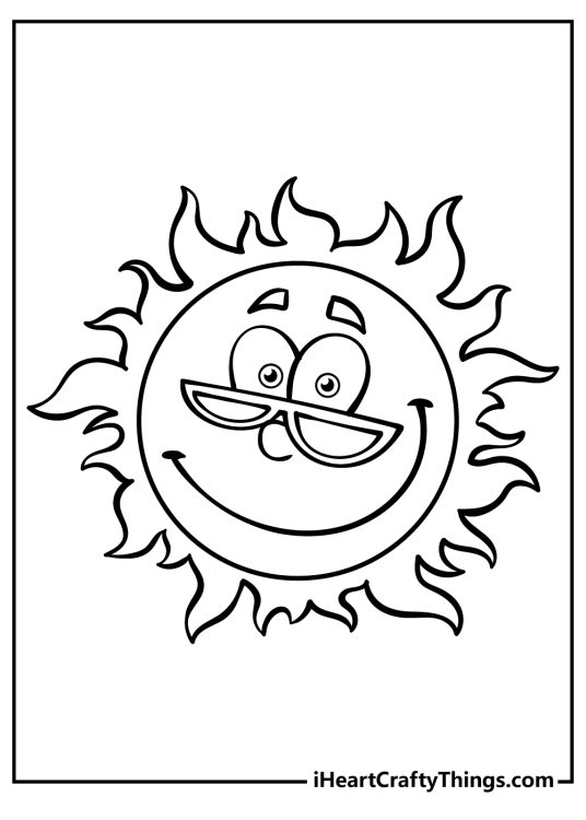 Summer-themed printable picture for kids featuring cartoony sun with smiling face and sunglasses