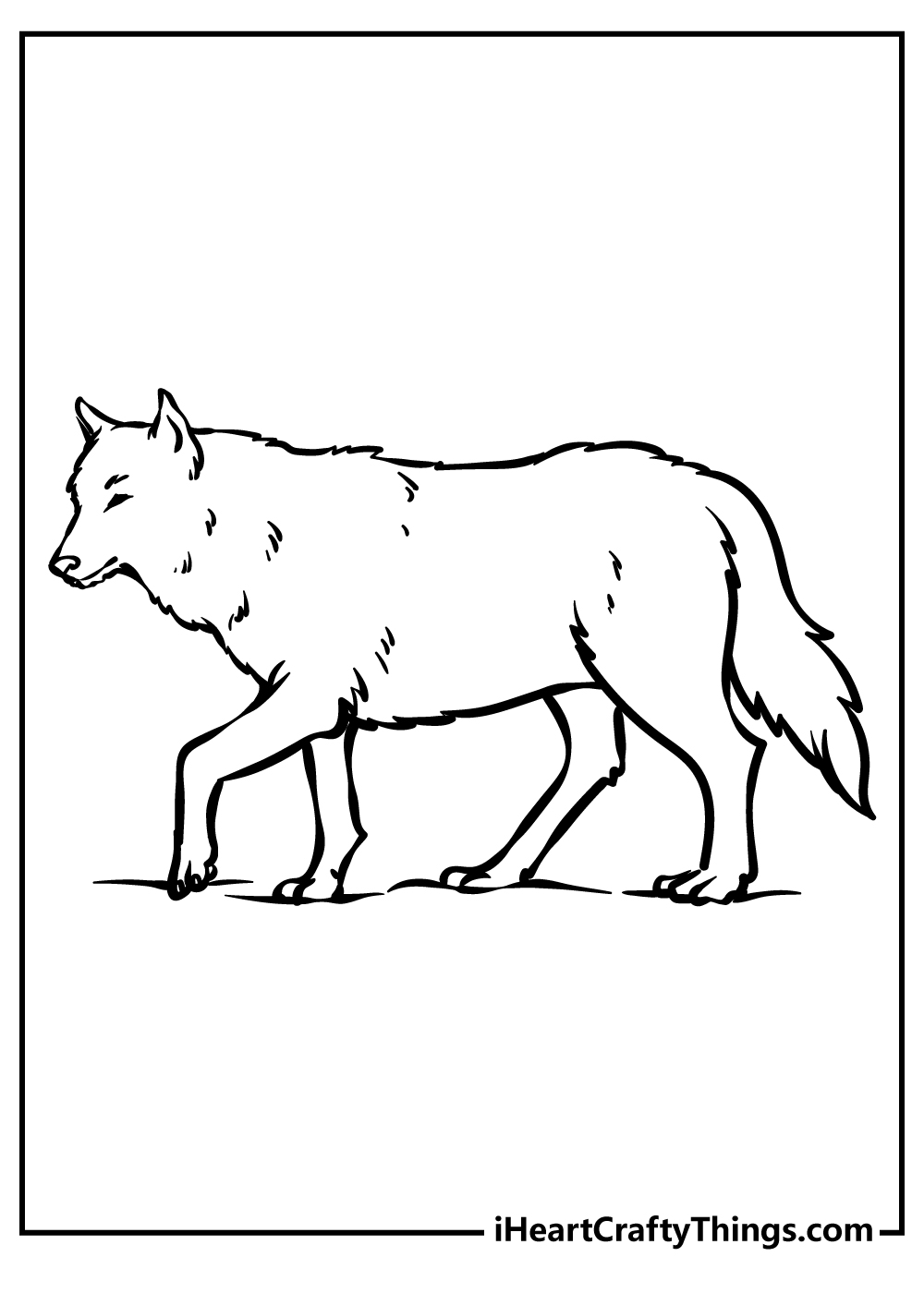 Free printable coloring image for children featuring furry adult wolf on a walk