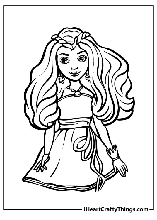 Descendants-themed printable poster featuring stunning female character with long hair and short dress