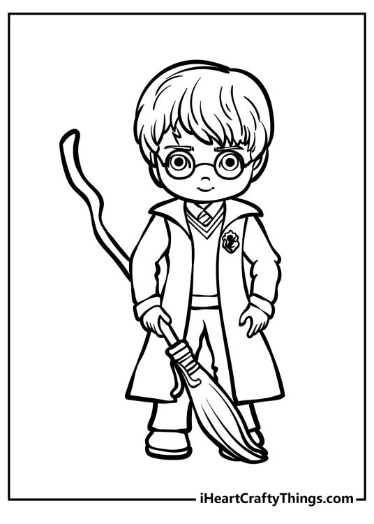 Coloring page to print featuring a cartoony version of Harry Potter posed with the broomstick
