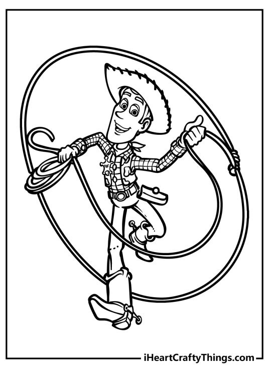 Detailed picture to color featuring Woody the cowboy from the Toy Story swinging his lasso
