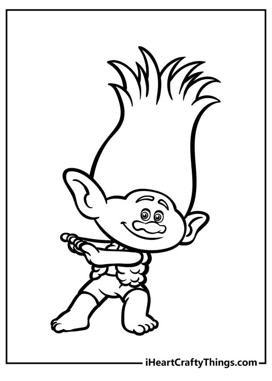 Troll-themed coloring pdf for kids featuring Branch showing off some dancing moves