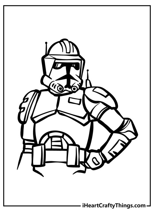 Black-and-white printable drawing of a Star Wars trooper with an awesome uniform