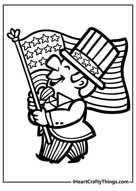 Coloring page of a happy gentleman wearing festive outfit marching during parade with a huge flag