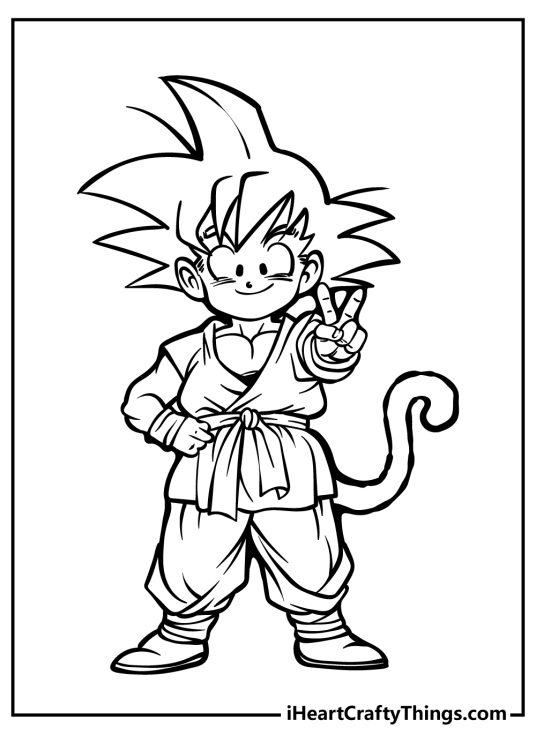 Picture presenting Kid Goku from Dragon Ball Z flashing a peace sign while looking really friendly