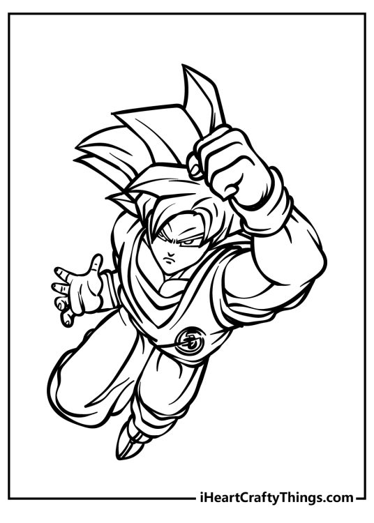 Printable Goku-themed picture for children featuring Goku zooming through the air