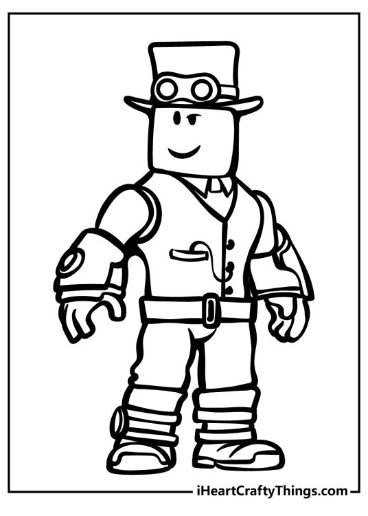 Roblox coloring picture for kids presenting a Robloxian with a steampunk-themed outfit