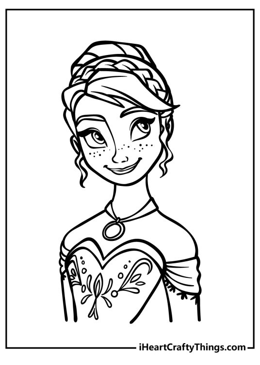 Free pdf printable featuring Anna dressed in a beautifully elegant outfit with hair styled up