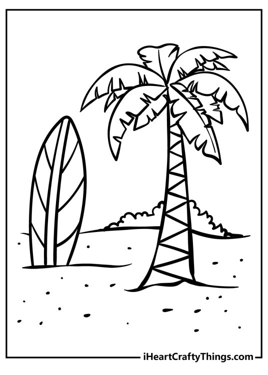 Coloring page showing peaceful summer scene with a palm tree and a surfboard near the tree