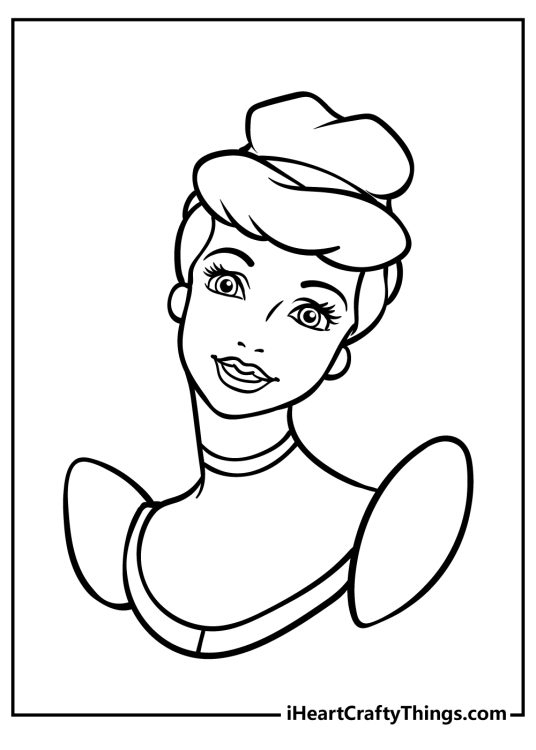 Black-and-white picture for kids featuring close-up of Cinderella with the focus on her face