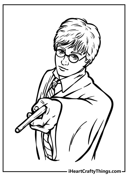 Coloring image for adults featuring close-up of Harry Potter casting a spell with the wand