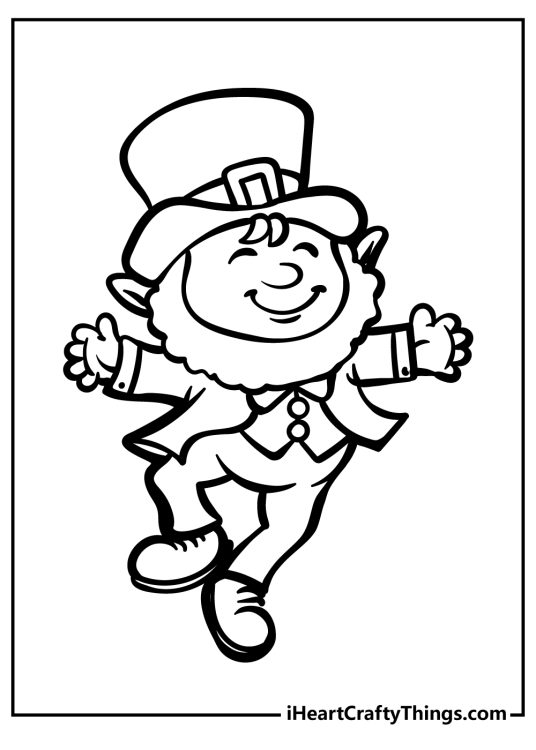 Printable coloring picture of a happy old leprechaun enjoying St Patricks Day dance